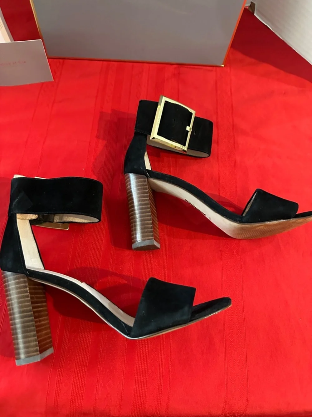 Louise et Cie Black Suede Ankle-Strap Block Heels with Gold Buckle Size 6
